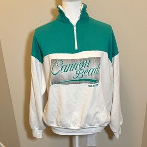 Vintage Cannon Beach Oregon Green and White Quarter-Zip Pullover